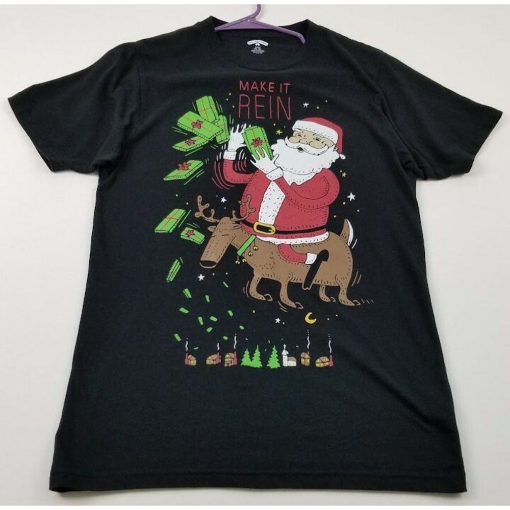 Santa Claus T Shirt Mens S Small Black Red Green Reindeer Short Sleeve Silly Tee